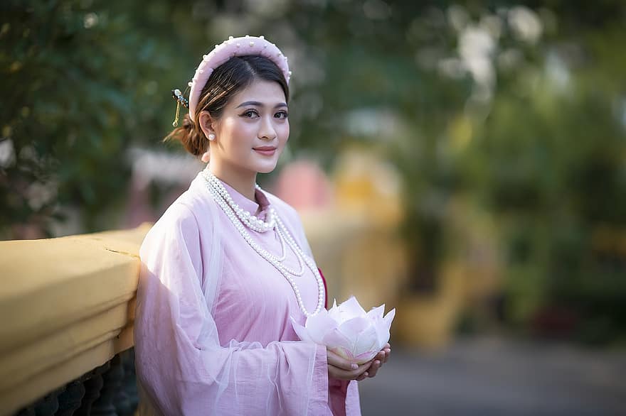 kvinna, ung, modell, traditionell kostym, ao dai, Lång rosa, skönhet, vit, mode, person, vietnam