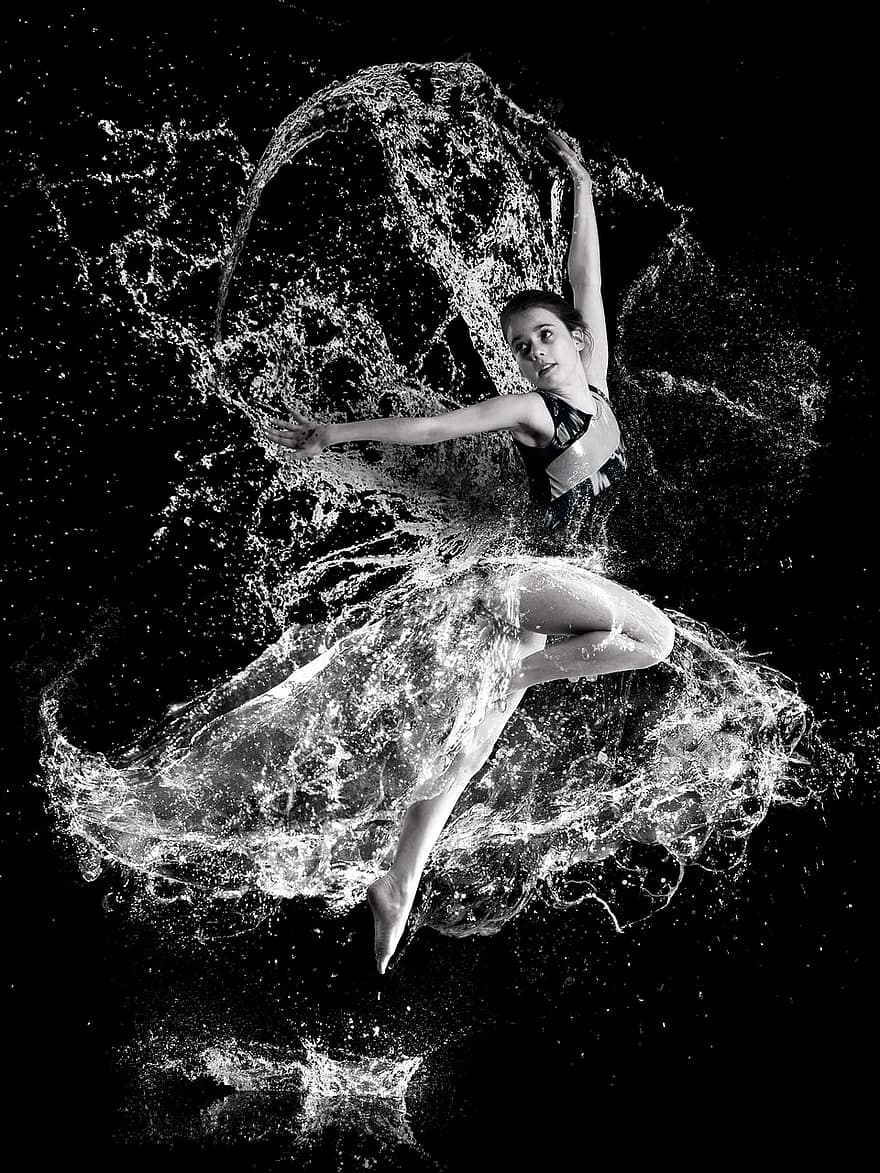air, melompat, lompatan, muda, gadis, penari, aktif, gaya hidup, kegembiraan, guyuran, tindakan