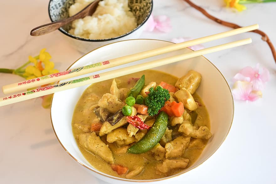 kyckling, curry, grönsaker, thailändsk curry, kyckling curry, kryddad, mat foto, krydda, skarp, skärpa, chilipeppar