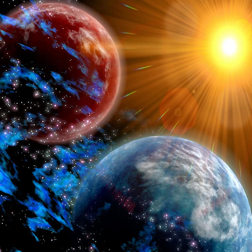 Sol, rymden, avlägsen, Science fiction, utopi, fantasi, solljus, planet, atmosfär, belysning, klot
