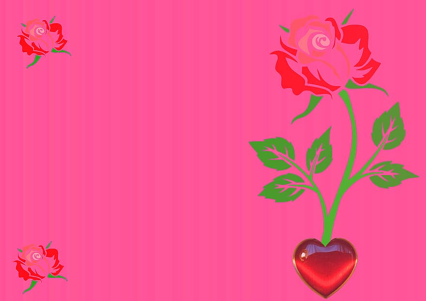 Flower, Rose, Heart, Kind Regards, Heart Greet, Contour, Outlines, Pink, Red