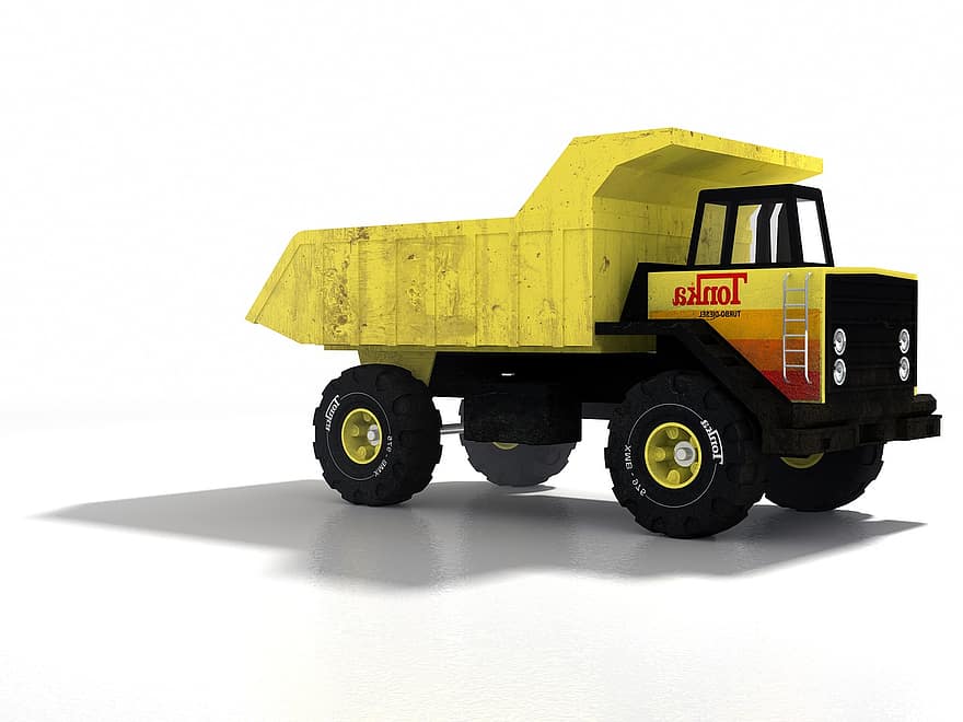 トラック、黄、輸送、トラックトラック、3D、車両、ローディング、ごみ箱、作業、サイト