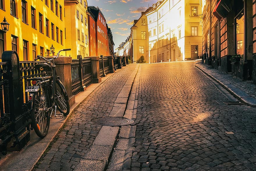Stockholm, Sonnenaufgang, Straße, Fahrrad, Kopfsteinpflaster