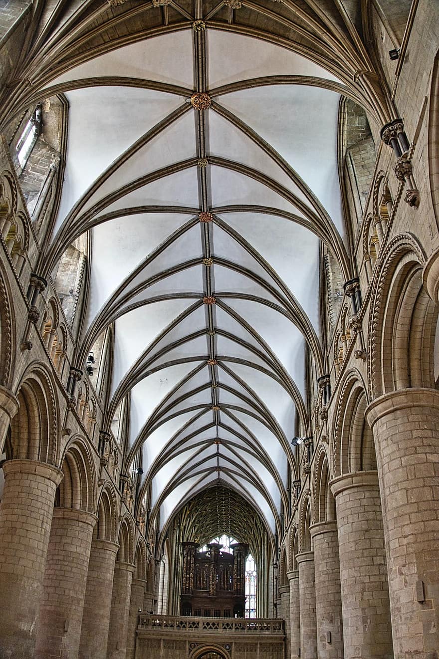 Nau de la catedral de Gloucester, sostre, columnes, catedral de Gloucester, catedral, històric, gòtic, norman, romànic, arquitectura, Església