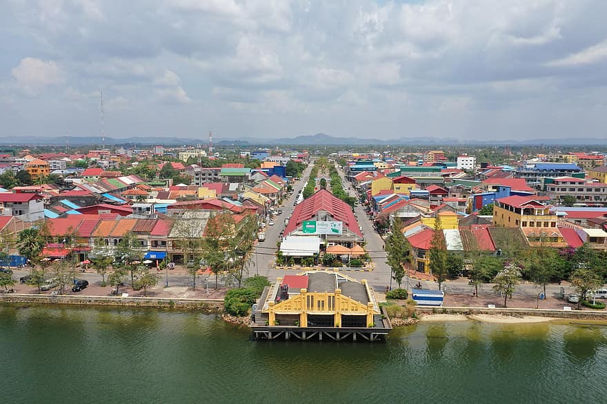 Kampot, város, folyó, panoráma, épületek, városi, tropikus, Praek Tuek Chhu, Kambodzsa