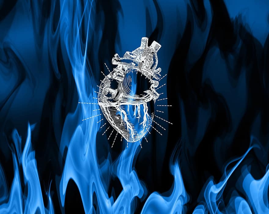 niebieski, płomienie, serce