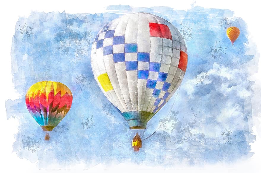 akwarela, obraz, farba, artysta, kolorowy, tekstura, twórczy, balony, Balony na gorące powietrze, lot, niebieska farba