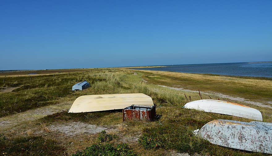 Leeseiland, zee, zomer, Denemarken, boot, buitenshuis, reizen, gras, landschap, blauw, zand