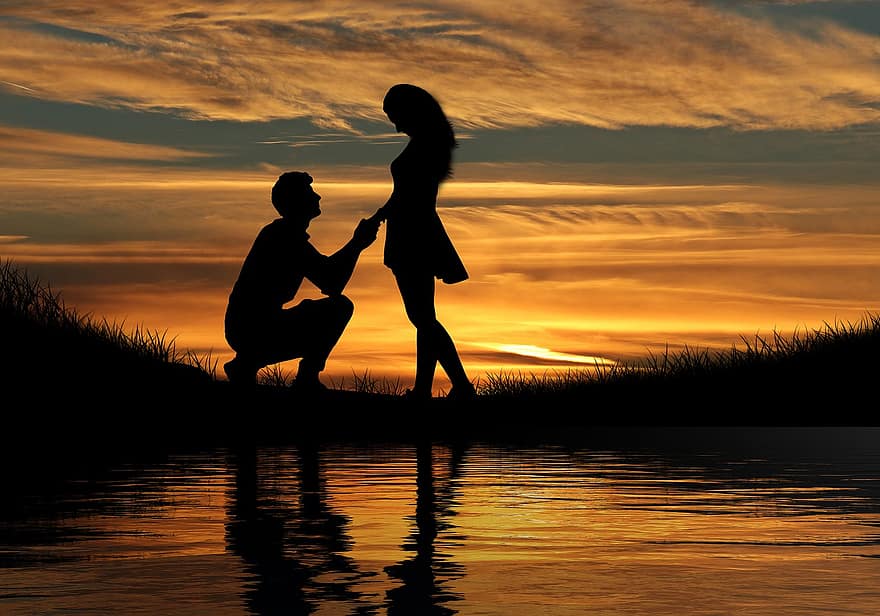 pár, romantický, západ slunce, silueta, voda, odraz, milovat, romantika, vztah, spolu, muž