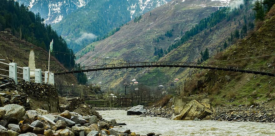 Montagne, pont, Naran, pont suspendu, Pakistan