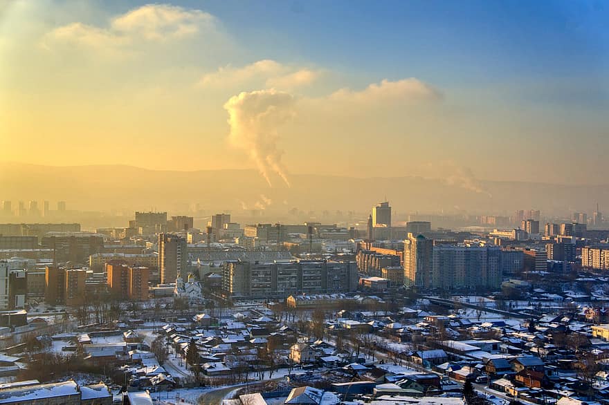 Красноярск, град, залез, Русия, Сибир, градски пейзаж, градски силует, архитектура, здрач, небостъргач, външна сграда