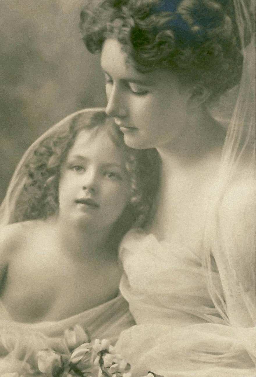 vendimia, antiguo, madre e hijo, niño, niña, dama, mujer, 1920, retrato, gente, amor maternal