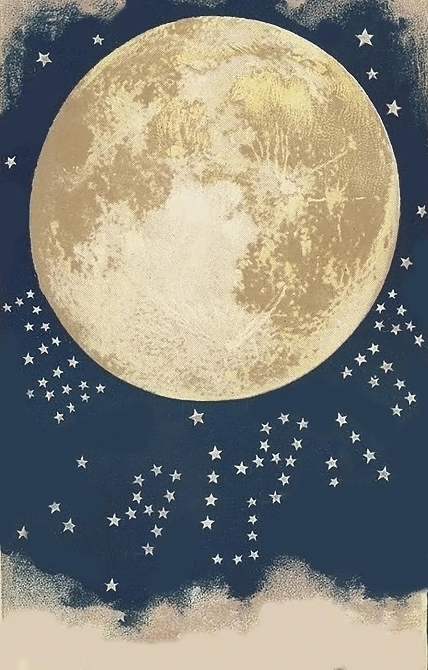Luna, estrellas, cráteres, noche, luz de la luna, cielo, espacio, astronomía, vendimia, azul, luna