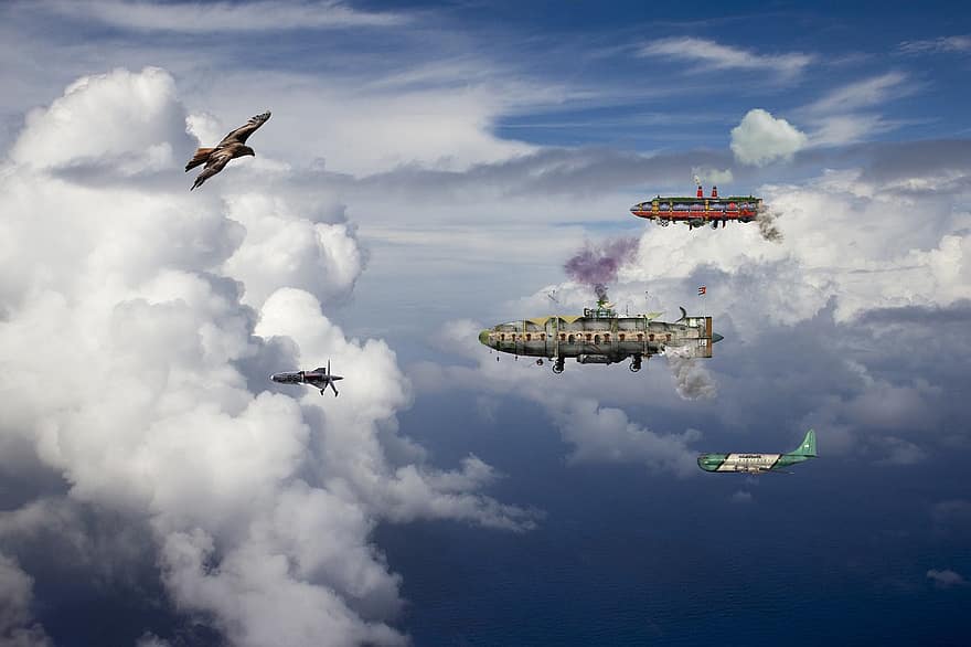 dirijabil, Steampunk, avion, nori, vreme, operă științifico-fantastică