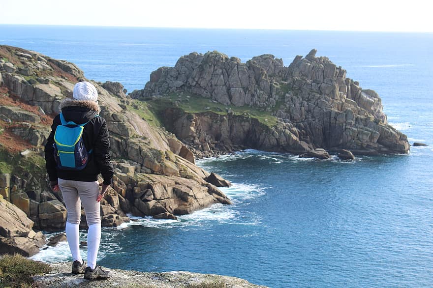 стръмна скала, крайбрежие, море, вълни, Англия, Корнуол, заливче, природа, пътека, прекъсвачи, турист