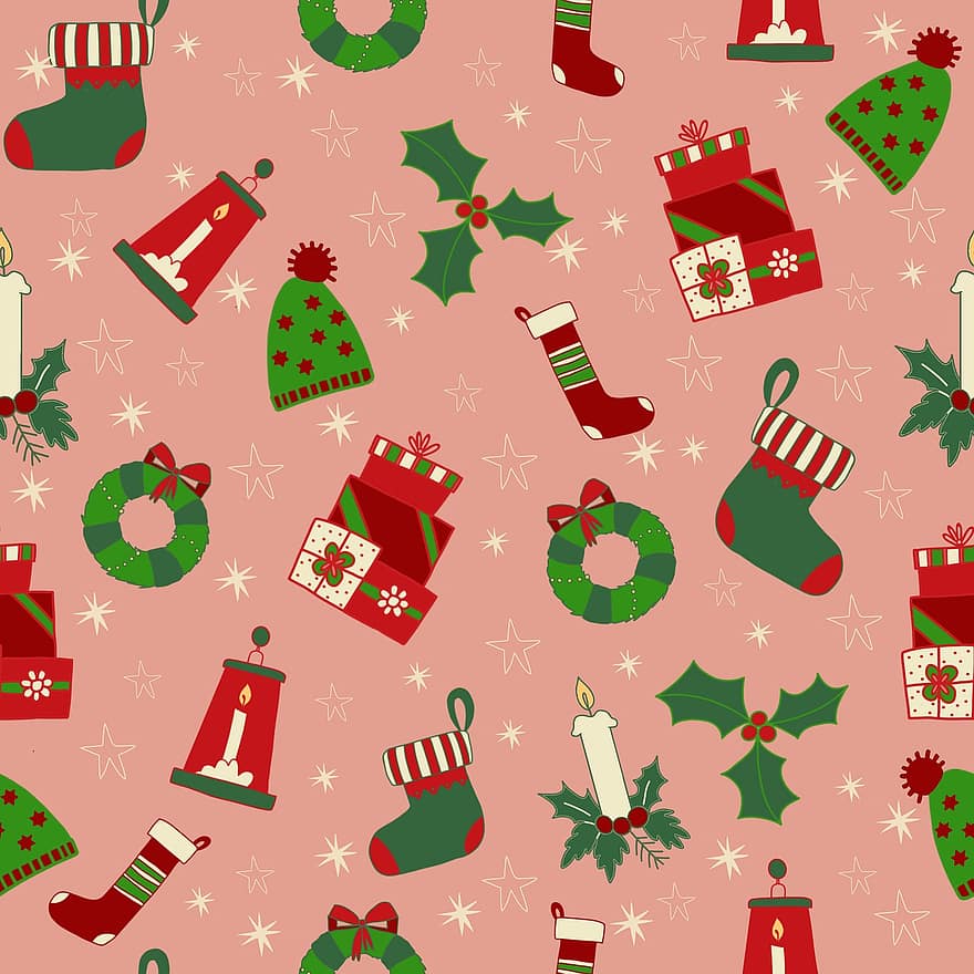 gaver, præsenterer, ferie, jul, festlig, opmuntre, strømpe, krans, kristtorn, mønster, sømløs