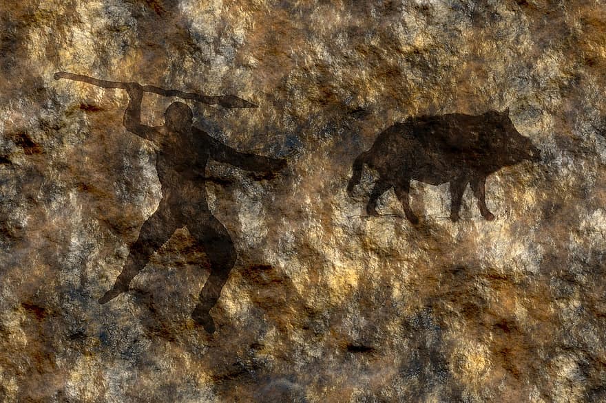 parede de pedra, pintura rupestre, Caçando, javali, caçador, lança, pedra, silhueta, pré-histórico, animal, história