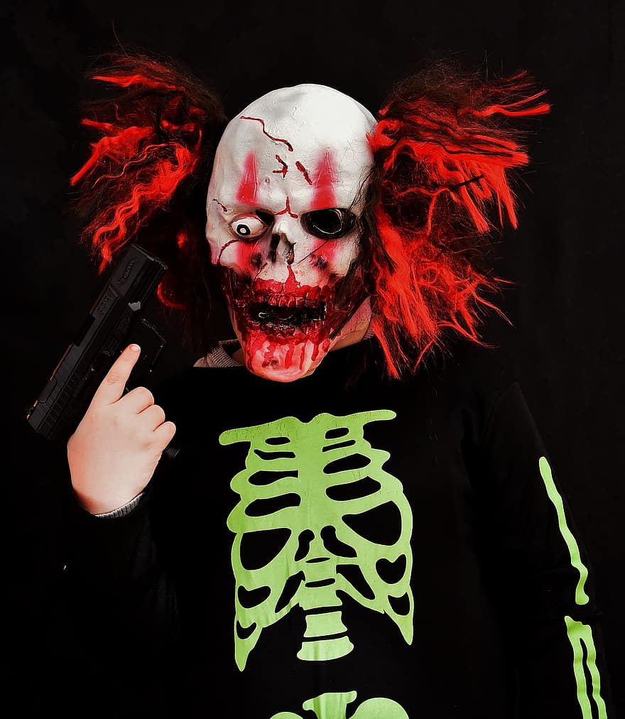 ужас клоун, Хэллоуин, массовый убийца, пистолет, маскировать, клоун, жутко, портрет, монстр