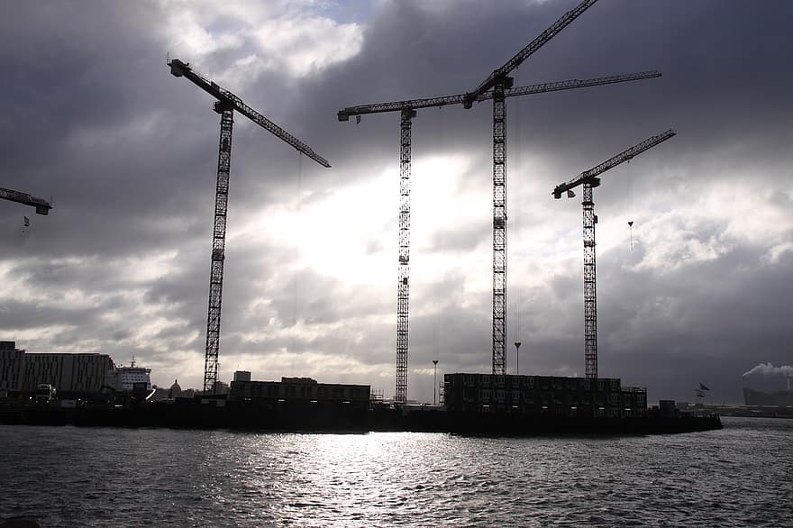 Cranes, Port, Sea, Construction, crane, construction machinery, construction industry, construction site, industry, building, activity