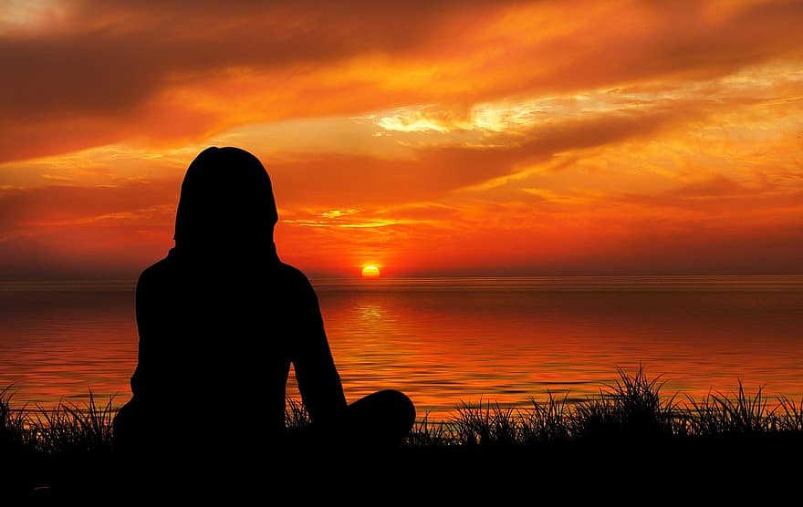 Sunset, Woman, Silhouette, Meditation, Evening, Abendstimmung, Viewing, Think, Thinking, Contemplation, Tree