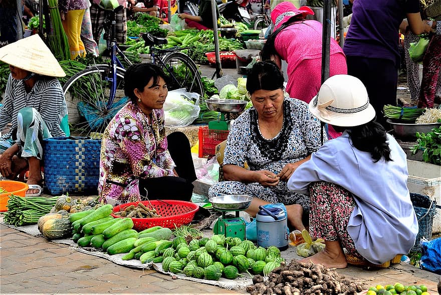 пазар, уличен живот, Виетнам, Дами, Доставчици на пазара, Азия, продажна, продавач на пазара, храна, плодове, свежест