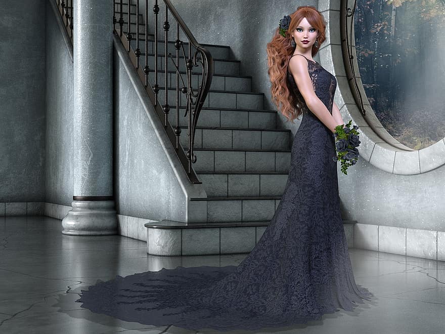 жена, модел, готически, стълбище, цветя, прозорец