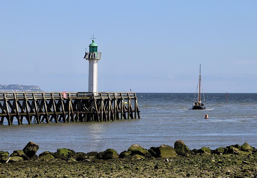 sea, lighthouse, pier, water, outdoors, nature, coastline, blue, nautical vessel, summer, sailing