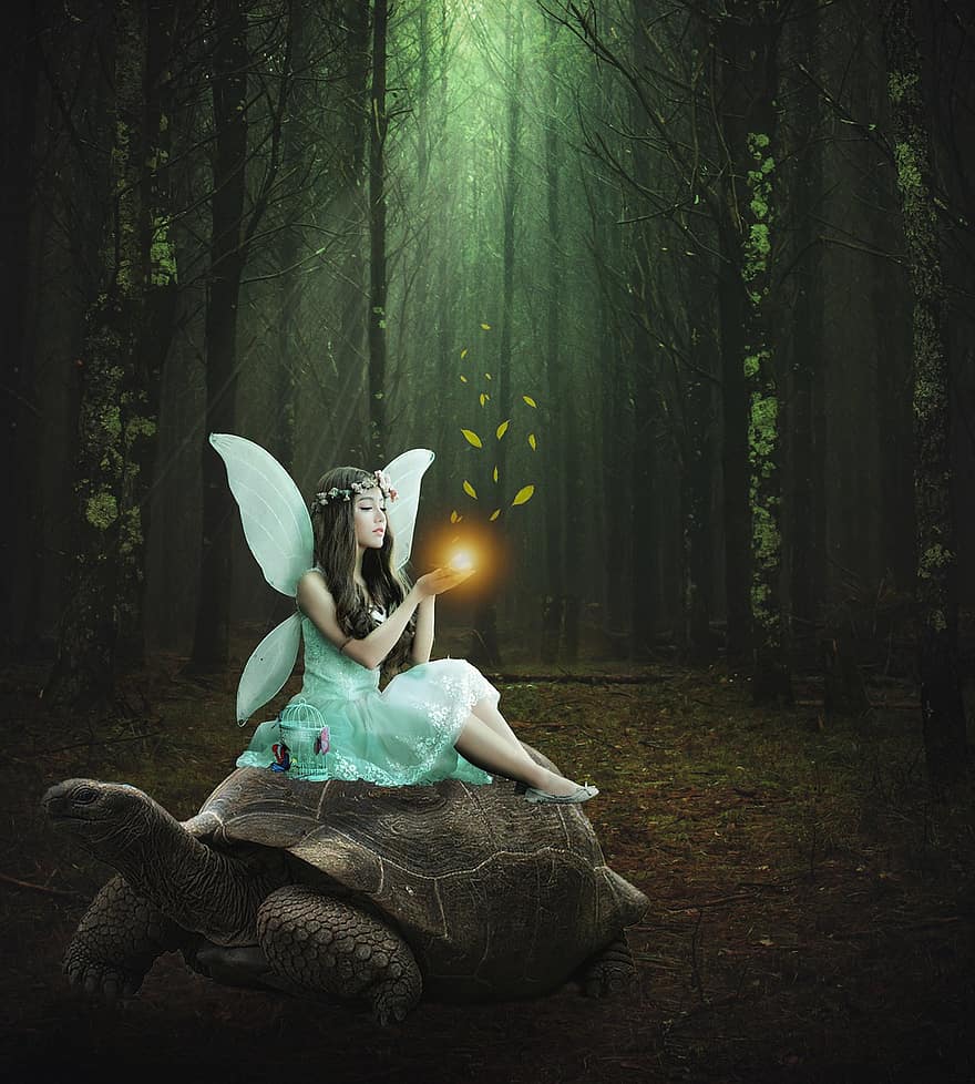 女の子、妖精、翼、魔法、森の中、森林、女性たち、一人、ファンタジー、アダルト、木