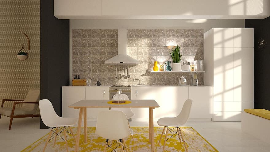 cuina, llums, blanc, l 'interior de l', finestra, arquitectura, disseny, nevera, taula, cadira, cataplasma