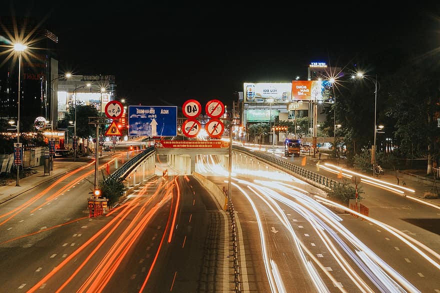ciudad, autopista, da nang, larga exposición, Vietnam, la carretera, calle, noche, tráfico, coche, velocidad