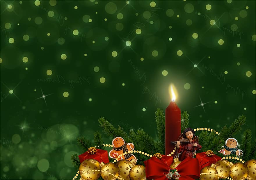 Kalėdų motyvas, žvakė, Holly, meduolių, christbaumkugeln, Kalėdiniai papuošalai, kilpa, bokeh, auksas, blizgučiai, kopijavimo vietos