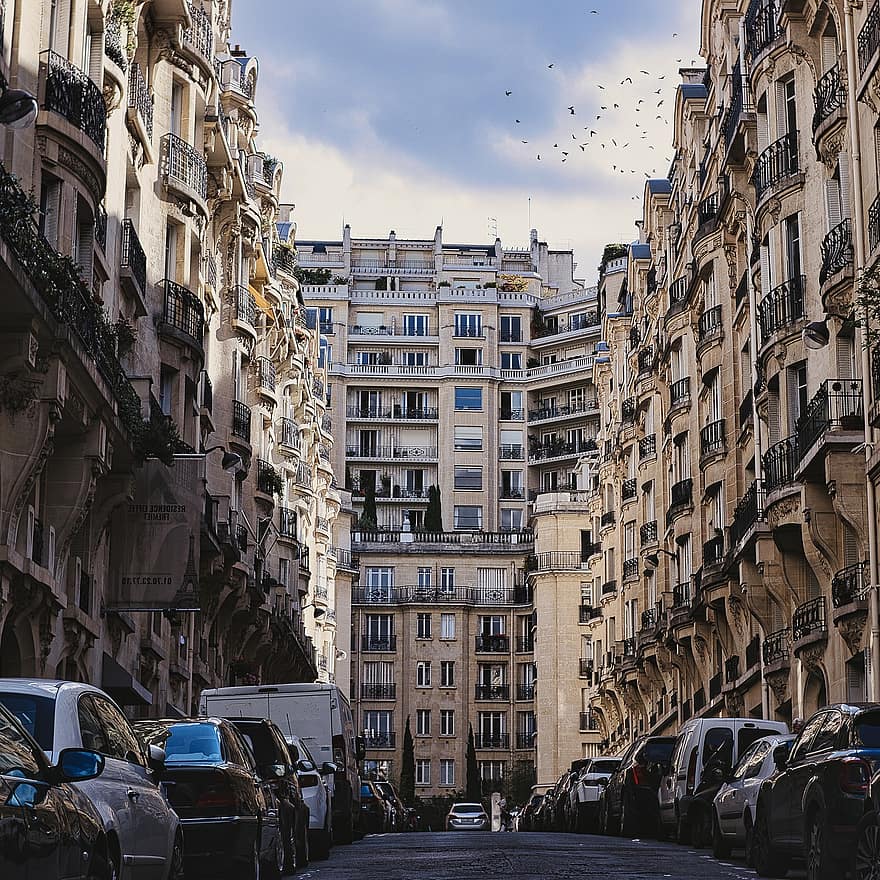 ปารีส, ถนน, สิ่งปลูกสร้าง, รถยนต์ที่จอดอยู่, อาคารที่พักอาศัย, พาร์ทเมนท์, สถาปัตยกรรม, เมือง, ฝรั่งเศส, ประวัติศาสตร์, เมืองหลวง