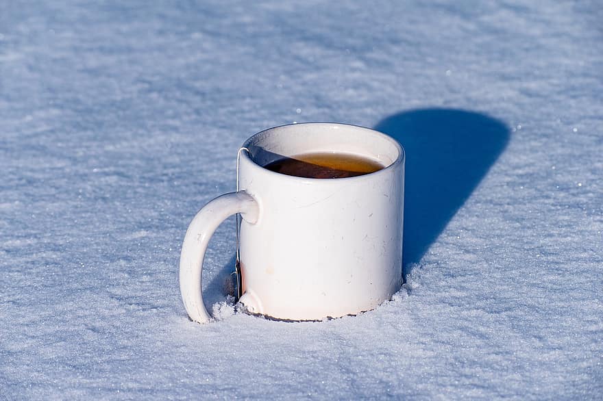 herbata, Kawa, drink, Puchar, kubek, napój, śnieg, zimowy, tło, ranek, filiżanka kawy