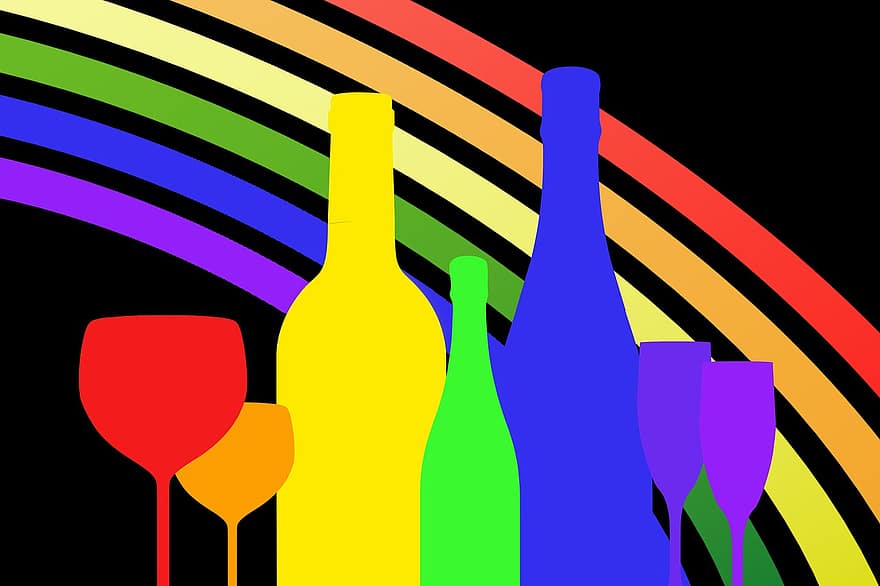 pullot, lasit, lasi-, sateenkaari, värikäs, siluetteja, samppanjalasit, juoda