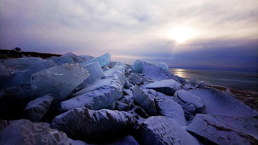 hivern, roques, temporada, a l'aire lliure, paisatge, aigua, posta de sol, gel, línia de costa, blau, vespre