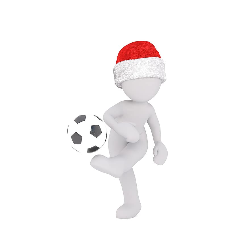 laki-laki kulit putih, Model 3d, angka, putih, hari Natal, topi santa, sepak bola, bermain sepak bola, bermain, kejuaraan Dunia, Kejuaraan dunia