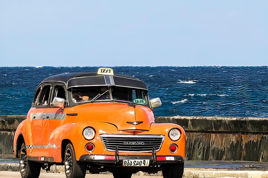 Куба, Гавана, такси, Малекон, автомобиль, старинный автомобиль, транспорт, вид транспорта, наземное транспортное средство, скорость, путешествовать