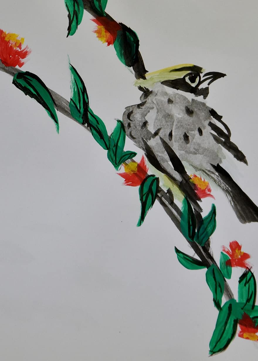 pássaro, pintura chinesa, chinês, natureza, asiático, pintura, desenhando, animal, artístico, Primavera, Pintura Cinza