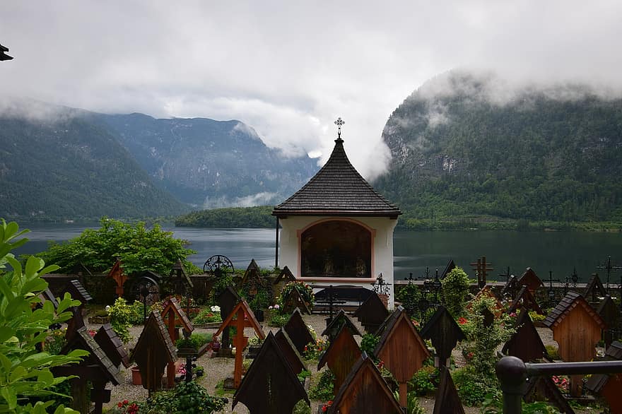 phần mộ, hồ nước, Hallstatt, hồ hallstättersee, nghĩa trang, bergsee, austria, salzkammergut, di sản thế giới, phong cảnh, mưa