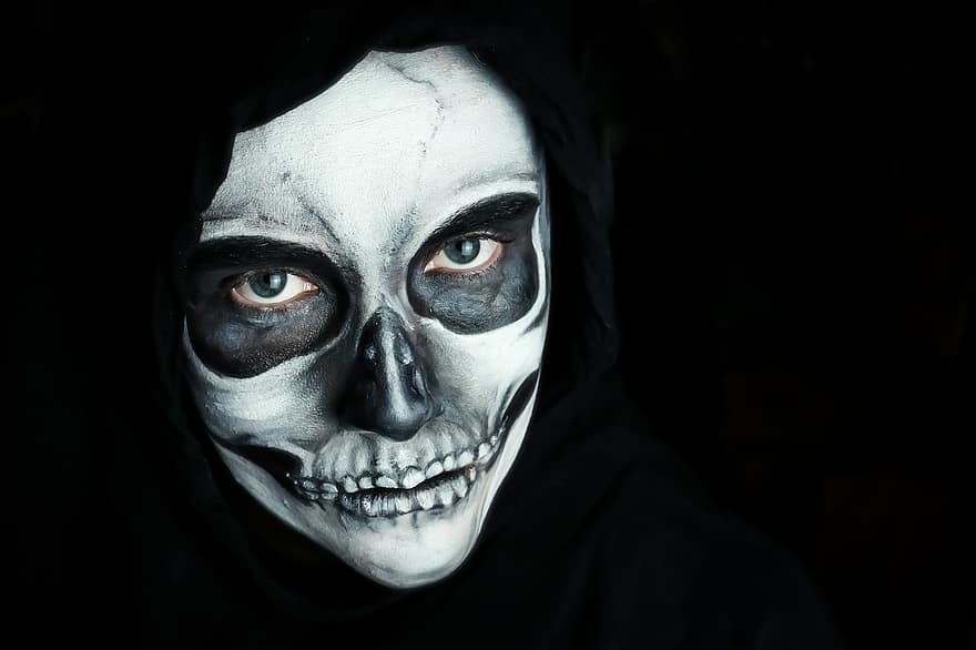 Halloween, maquillage, effrayant, crâne, foncé