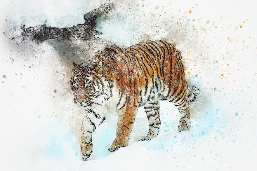 tiikeri, kävely, villi, taide, akvarelli, vuosikerta, kissa, eläin, talvi-, taiteellinen, abstrakti