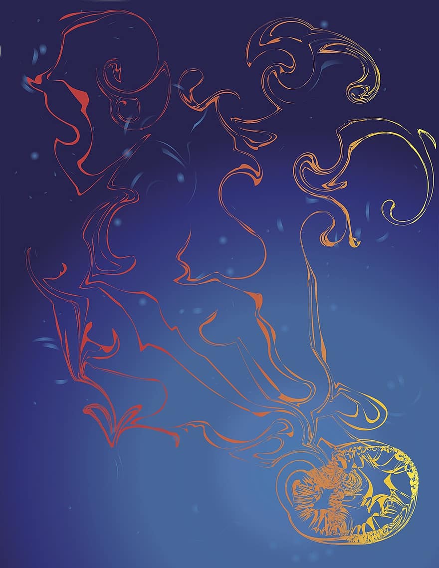 Jellyfish, Ocean, Swirl, Graphic Design, Yellow, Red, Orange, Dark Blue, Deep, Deepness, Darkness