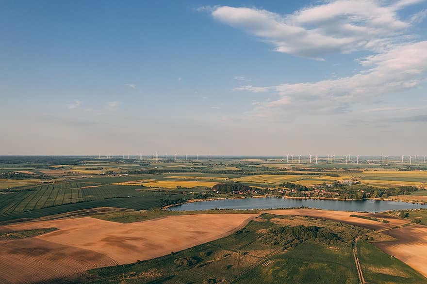 veld-, windmolenpark, stroomopwekking, hernieuwbare, antenne, klimaatverandering, Duitsland, Europa, Polen, milieu, hernieuwbare energie