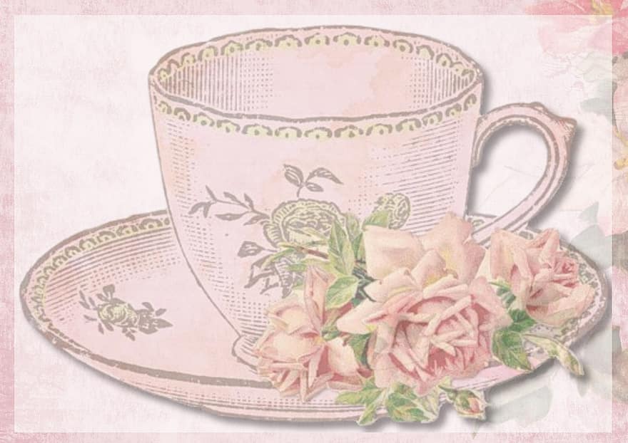 vintage, targeta, tassa de te, roses, rosa, invitació, disseny, floral, patró, decoratiu, marc