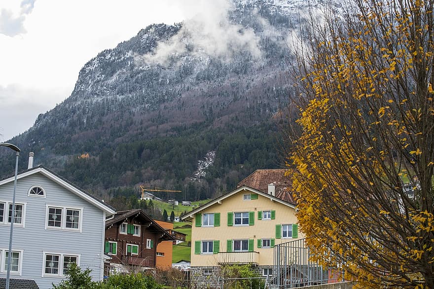 Maisons, les collines, village, ville, Suisse, hiver