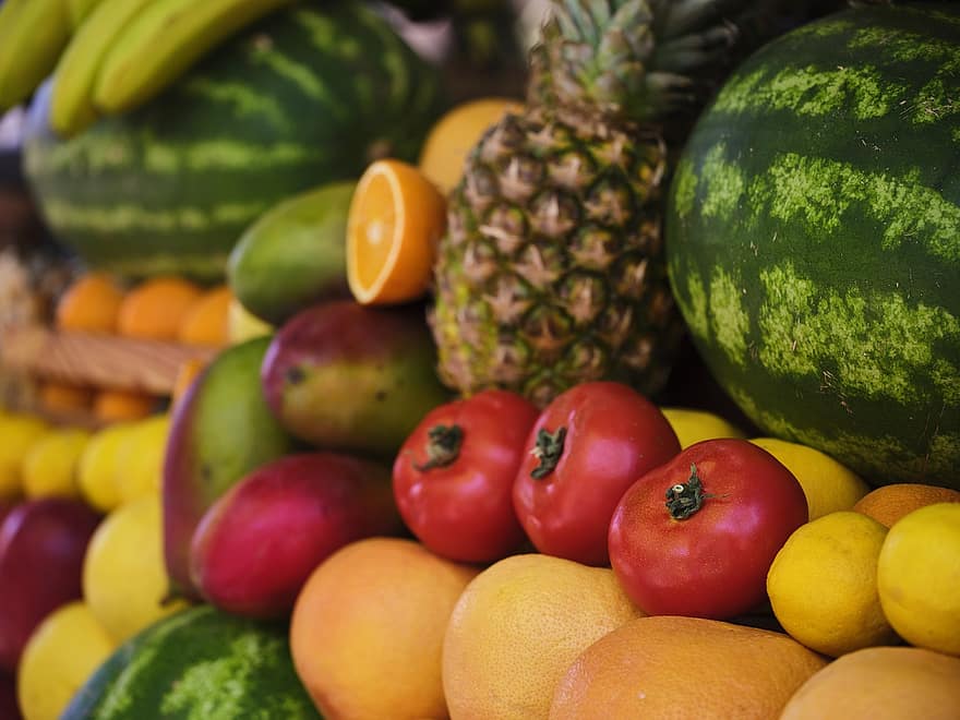 फल, खट्टे फल, बाजार, ताजा फल, ताज़गी, खाना, पौष्टिक भोजन, संतरा, सबजी, कार्बनिक, अनानास