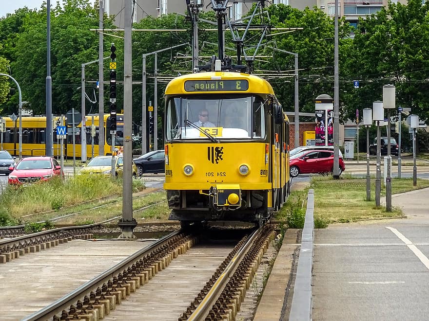 Tram, Tramway, Rails, Road, Dresden, Germany, Tatra, transportation, mode of transport, public transportation, city life