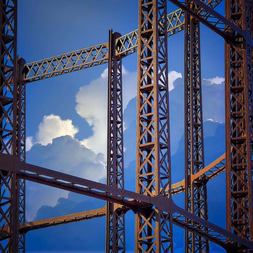 Scaffold, Structure, Metal, Sky, Clouds, Iron, Steel, Gasometer, Construction, Site, Scaffolding