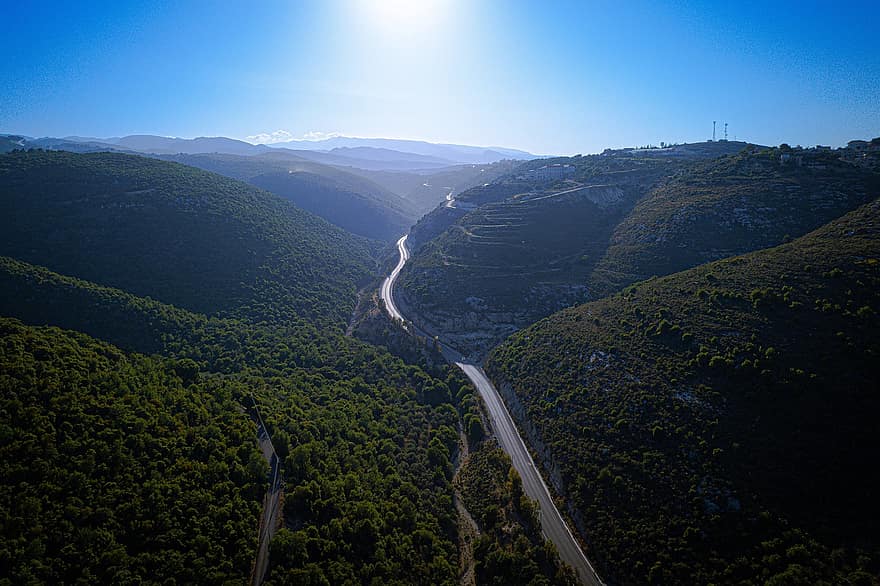 山岳、道路、レバノン、風景、バックグラウンド、自然、緑、旅行、ドローン、山、田園風景