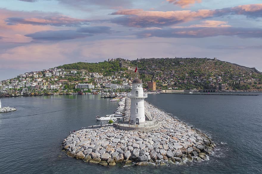 Lighthouse, Coast, Alanya, Port, Tower, Sea, Mountain, Nature, City, Town, Harbor